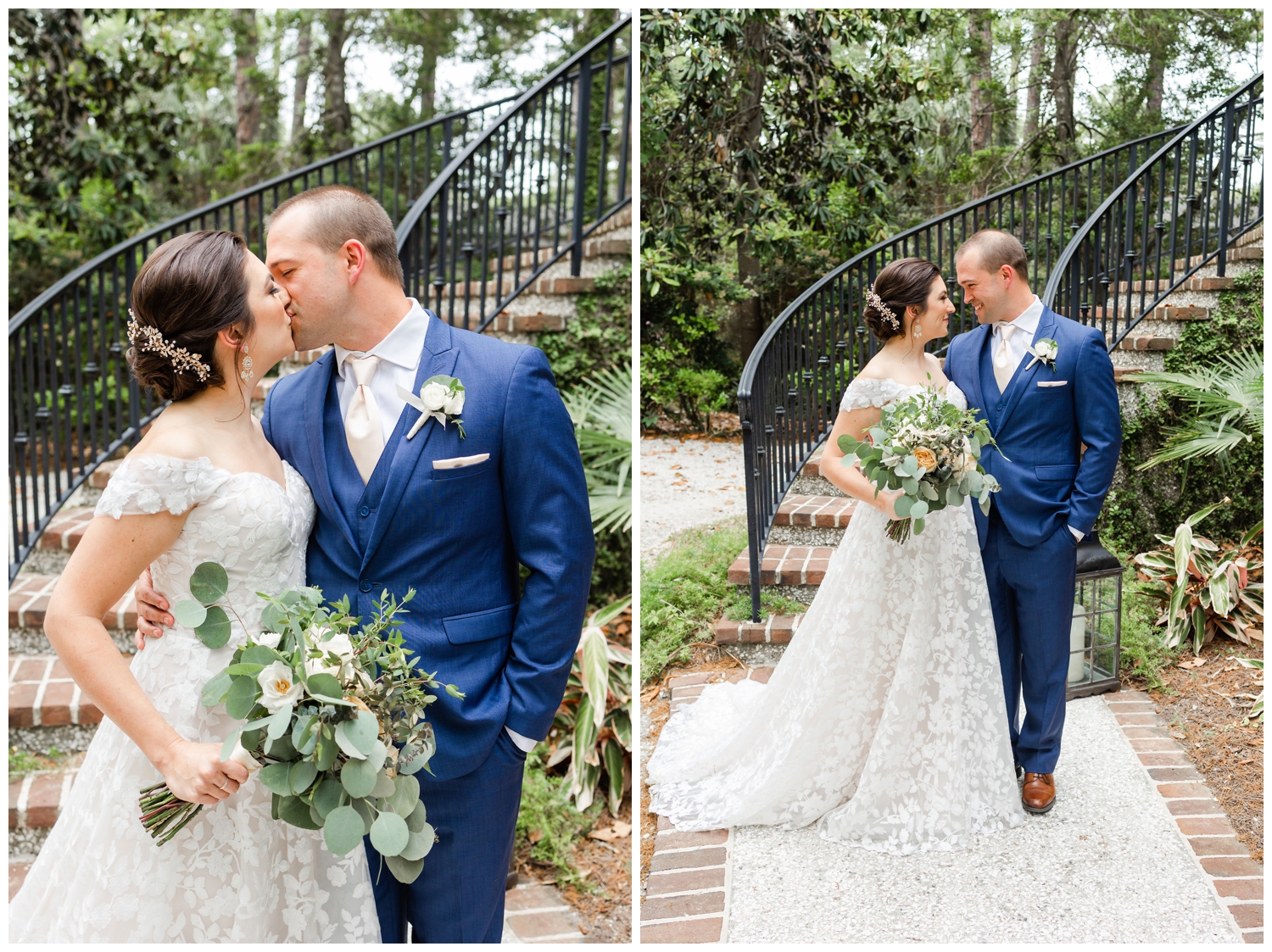bride and room kissing by staircase at intimate Hilton Head wedding