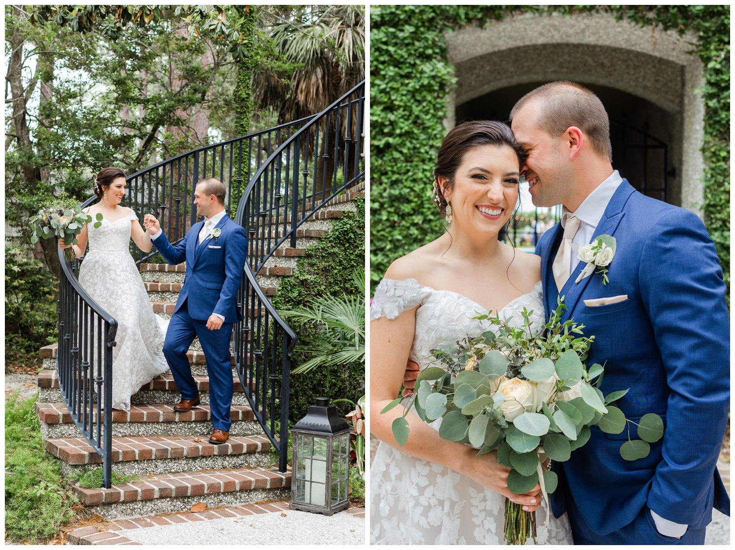 bride and groom portraits on staircase outdoors at intimate Hilton Head wedding