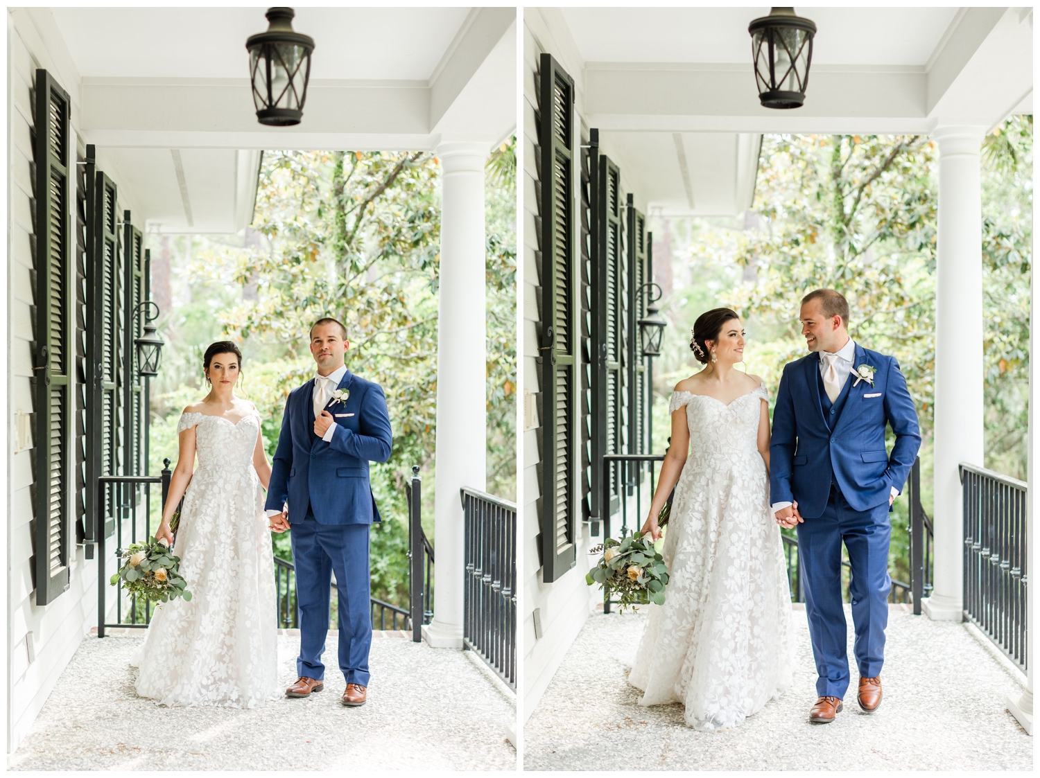 bride and groom walking on front porch at Hilton Head wedding