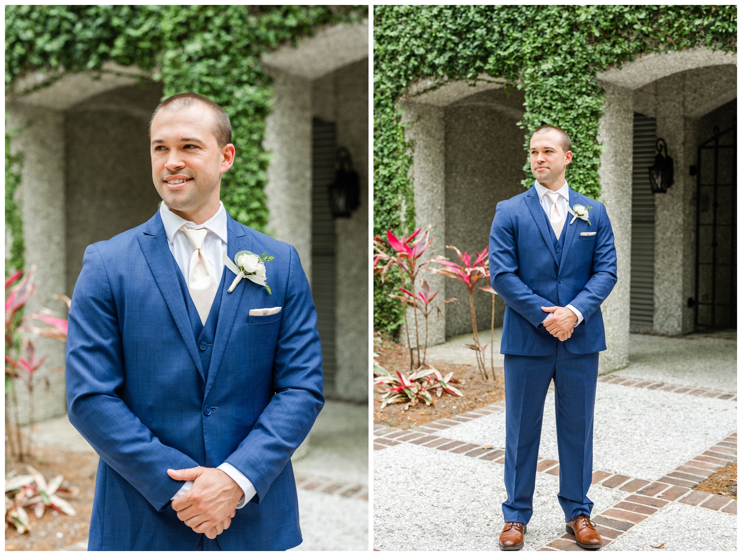 groom waiting to see his bride during first look at intimate Hilton Head wedding