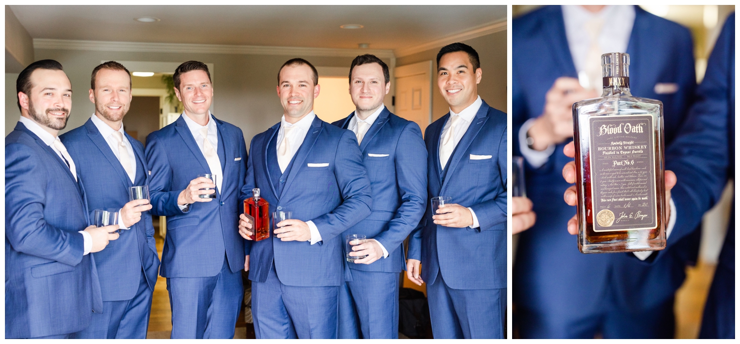 groom and groomsmen holding bourbon at at intimate Hilton Head wedding
