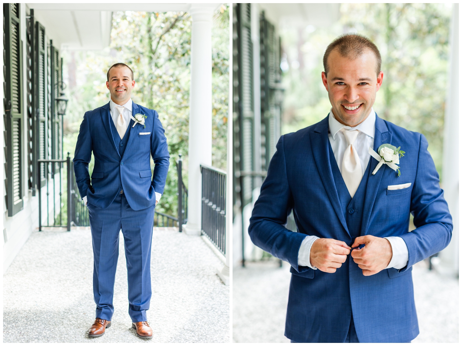 groom portraits on porch at Hilton Head wedding