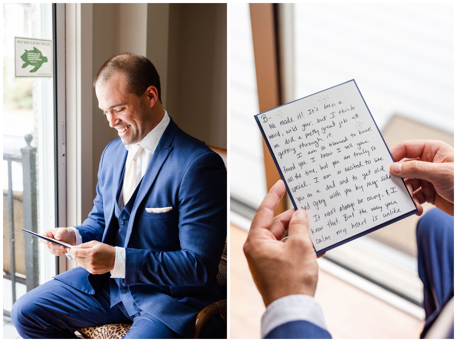 groom reading letter while getting ready for a wedding at Hilton Head