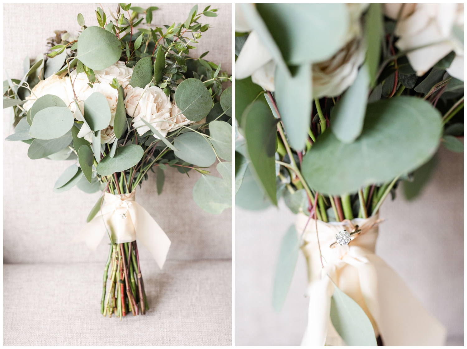white bouquet with ring attached