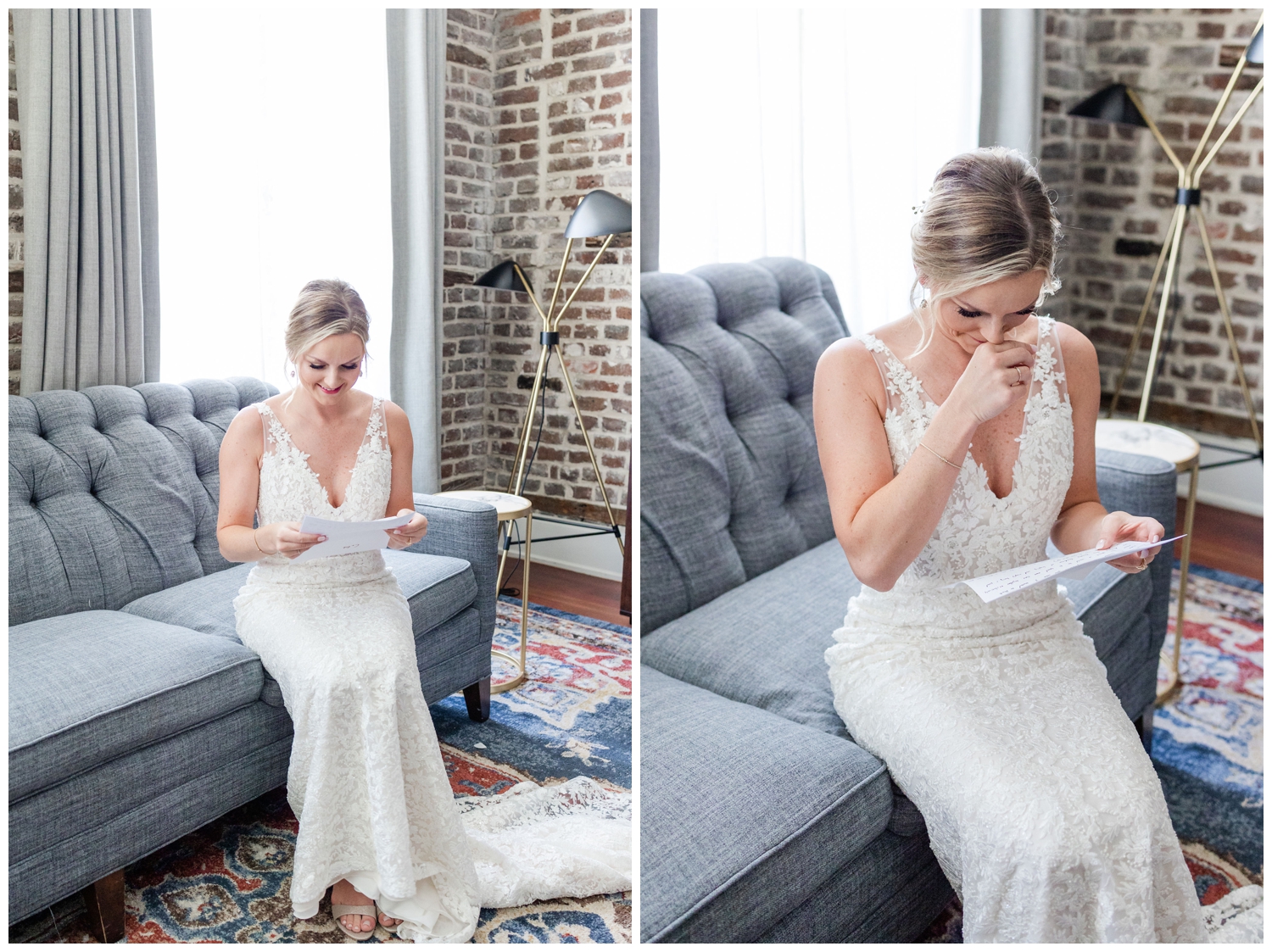 bride sitting on couch inside The Cedar Room Charleston wedding reading a letter
