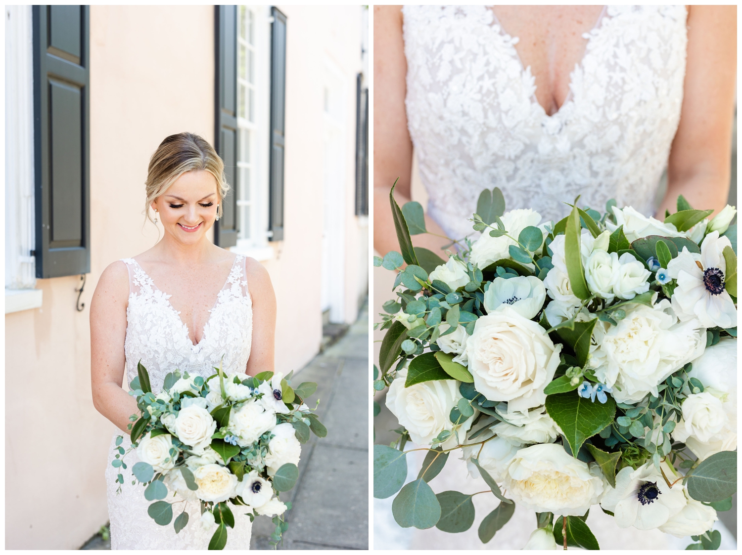 bride looking at her all white rose bouquet for portrait outside The Cedar Room Charleston wedding