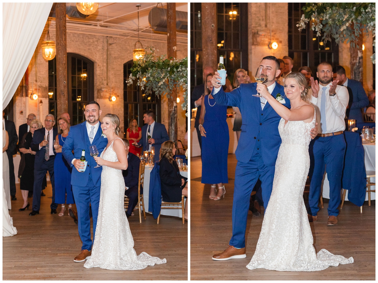 newlyweds toasting at wedding reception in Charleston