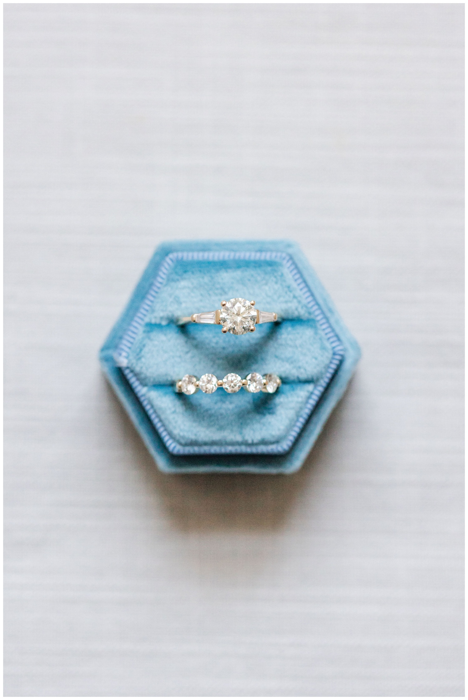 close up of wedding ring in blue velvet ring box