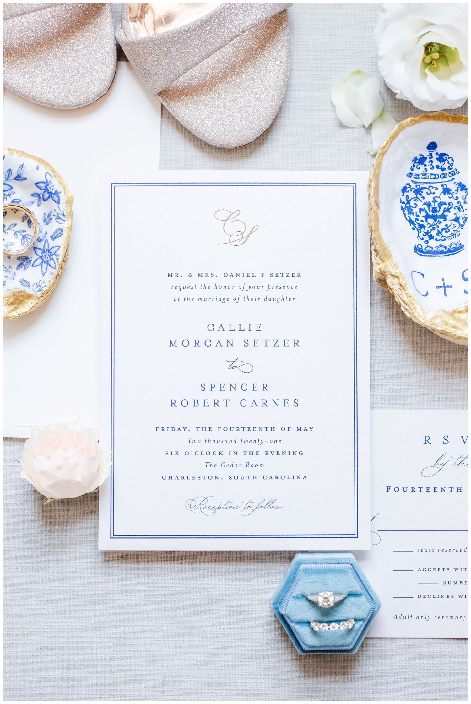 white and blue invitation suite