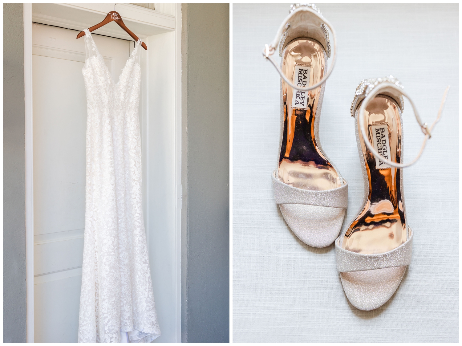 white wedding gown hanging from doorway and cream heels