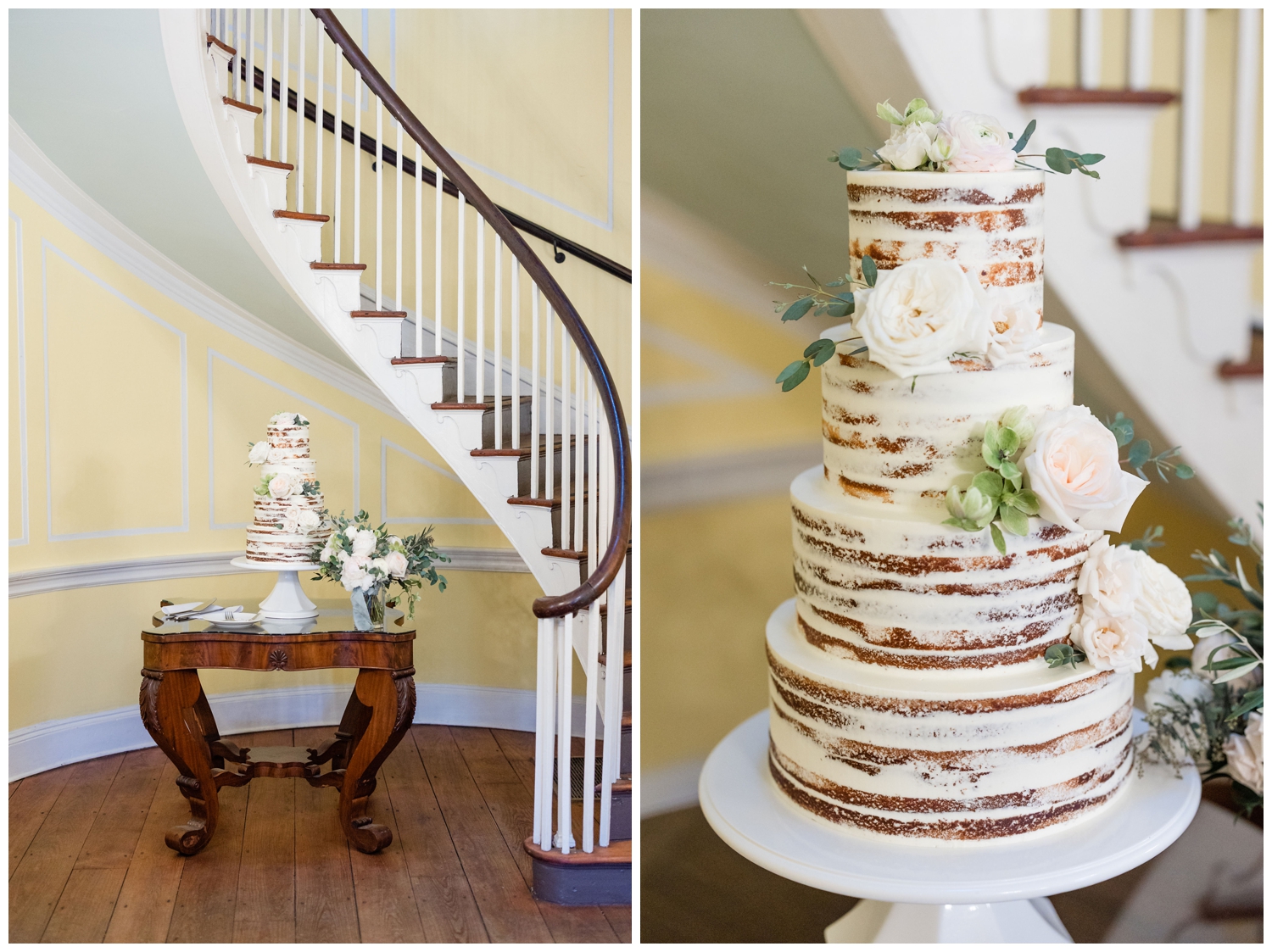 tiered white wedding cake with florals