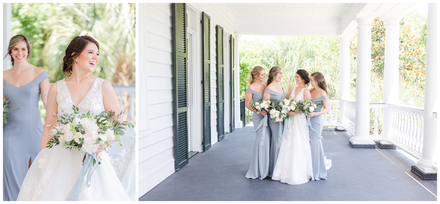 bride and bridesmaids in pale blue dresses under porch at Lowndes Grove wedding