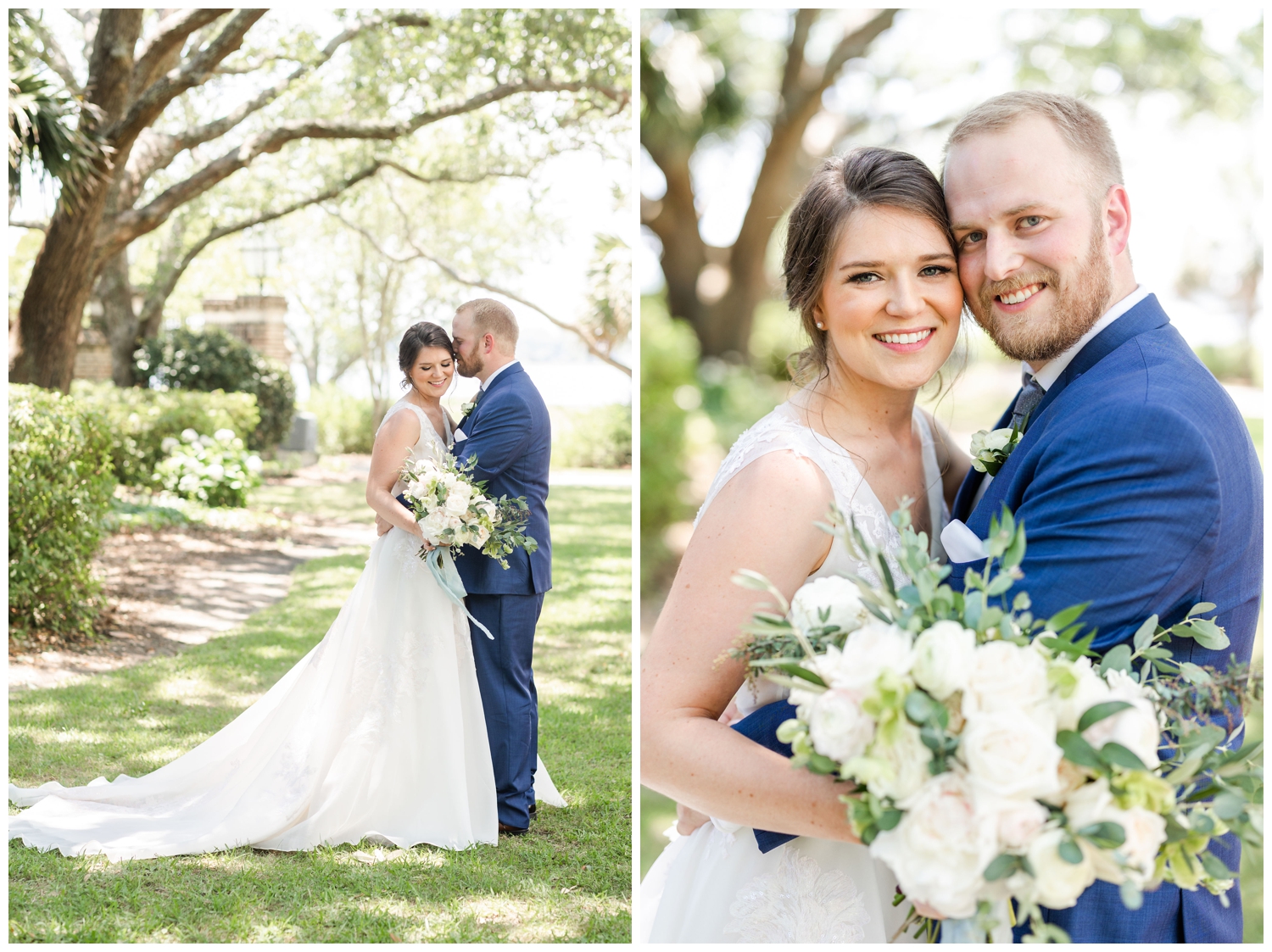 couple portraits under the oak tree at Lowndes Grove with all white floral bouquet
