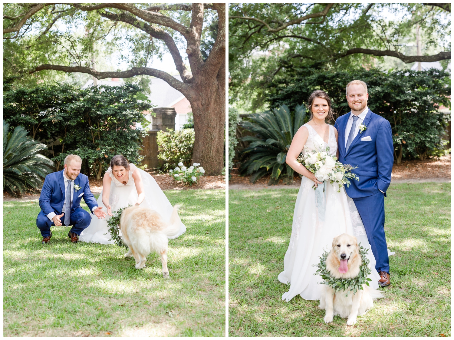 first look with bride and groom on lawn at Lowndes Grove
