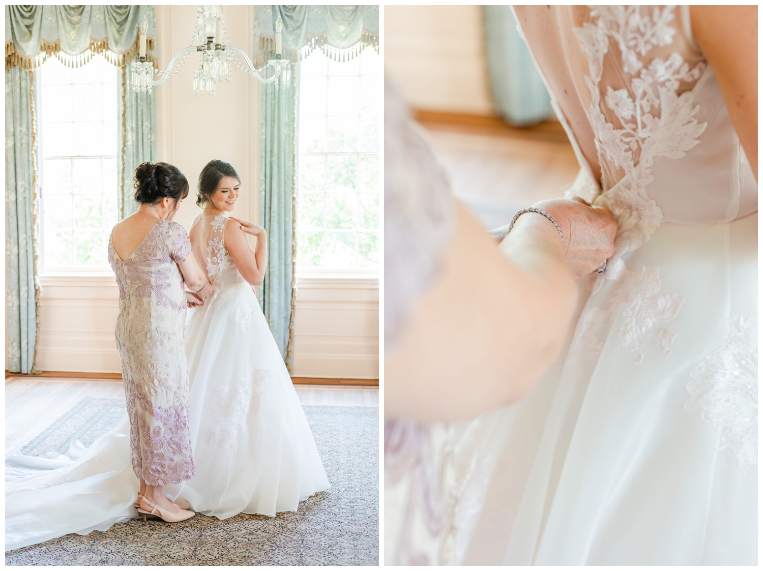 mom buttoning brides dress inside Lowndes Grove in Charleston