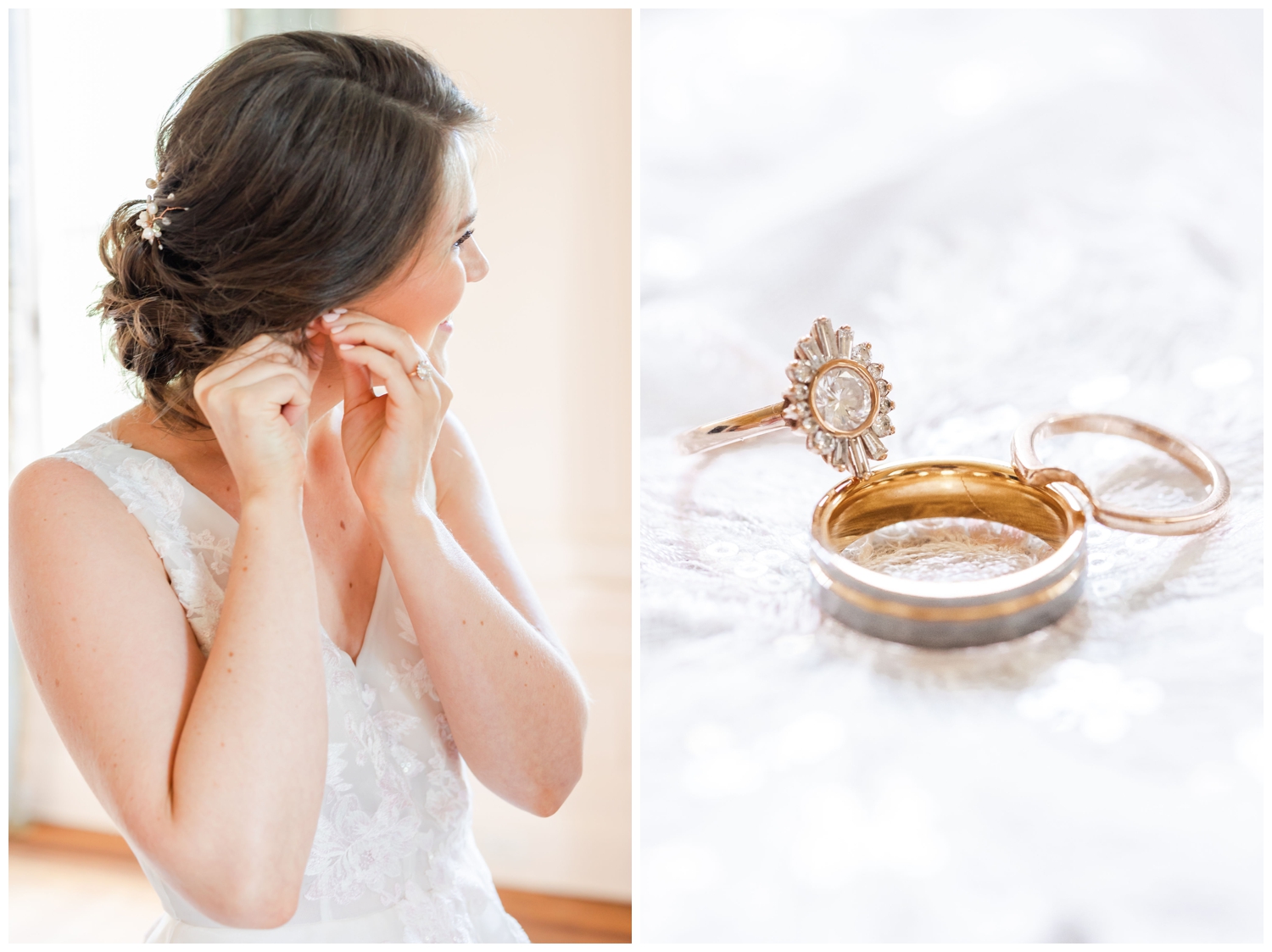 bride putting on earrings and detailed shot of wedding rings