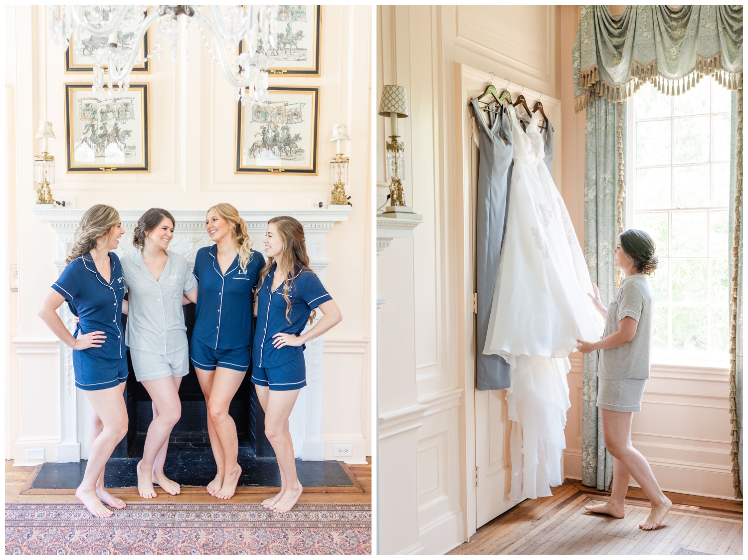 bride looking at her hanging wedding dress and bridal party in pajamas spring Lowndes Grove wedding