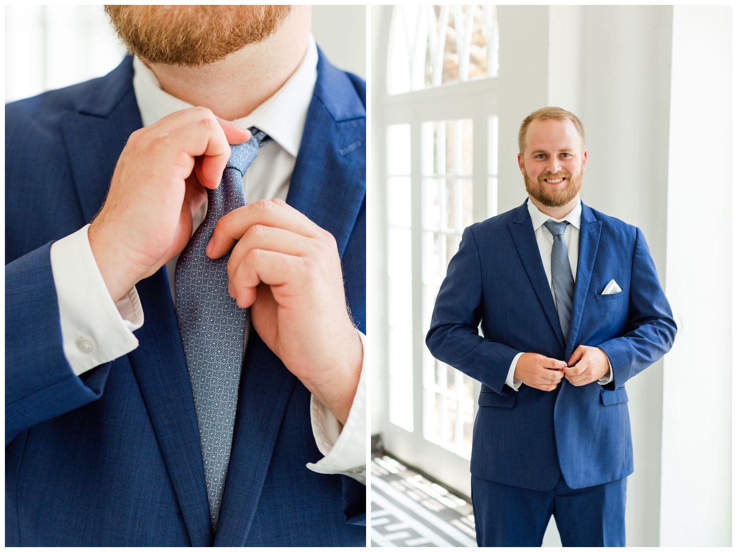 groom in blue suit getting ready at Lowndes Grove wedding venue