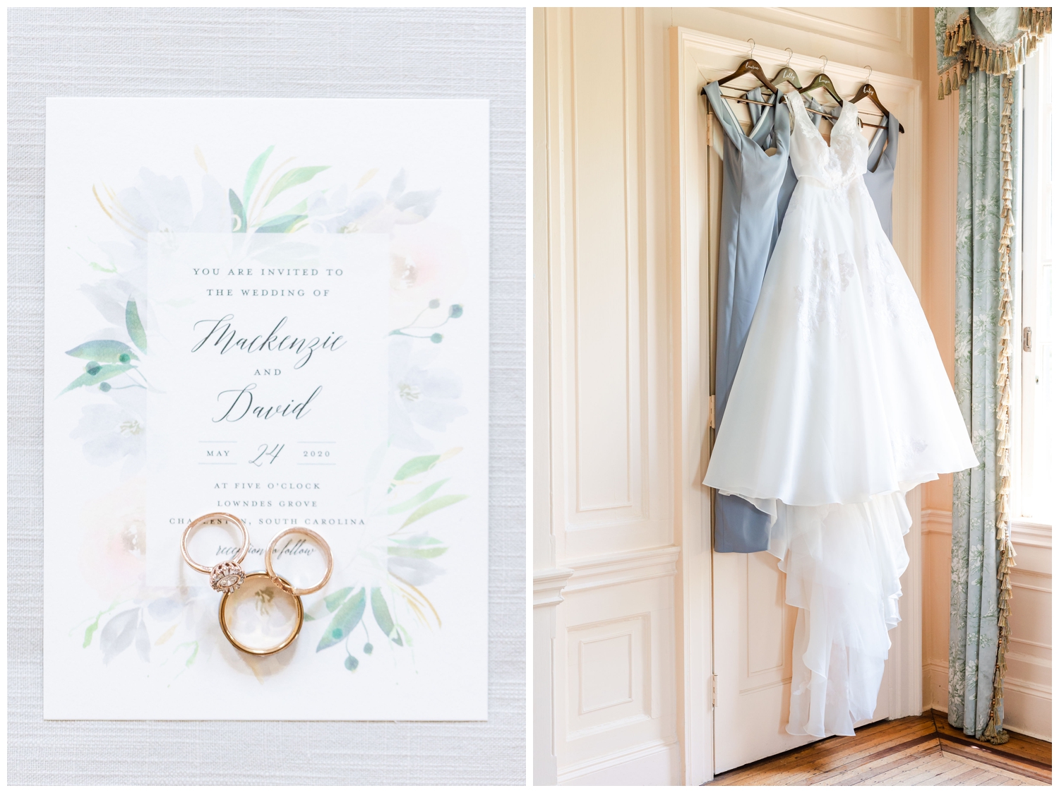 all white invitation and bridal gown with blue bridesmaids dressing hanging inside spring Lowndes Grove wedding