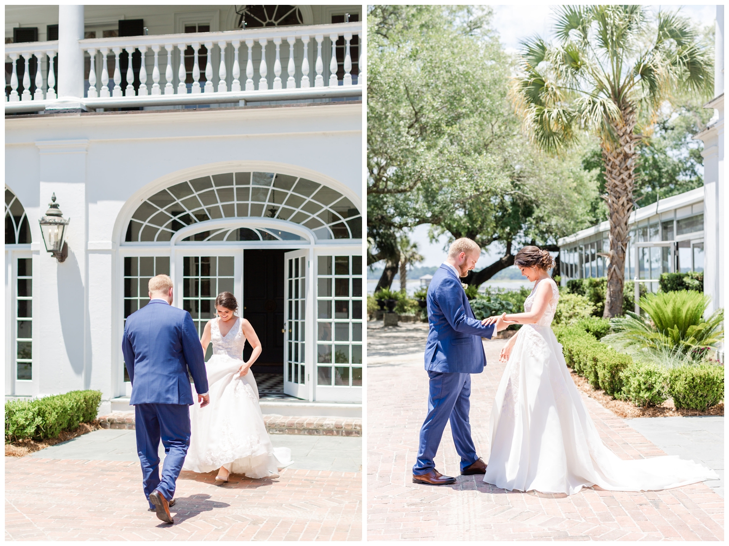 bride and groom first look reactions outside the steps of Lowndes Grove in Charleston