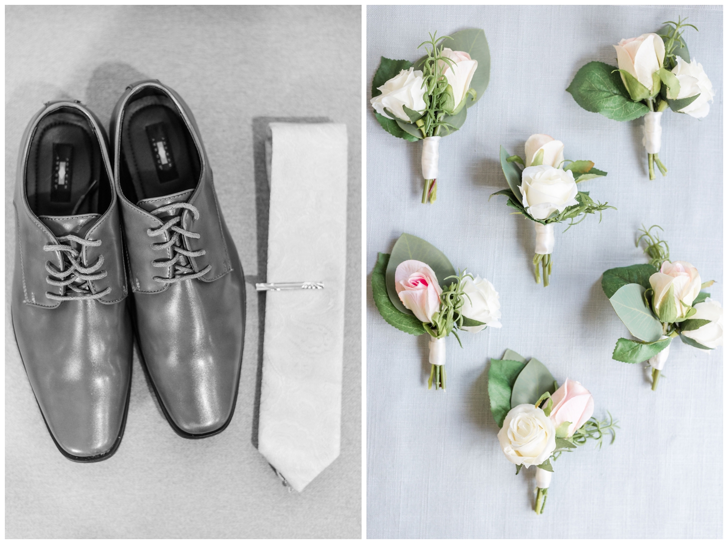 groom details shoes, ties and boutonierre