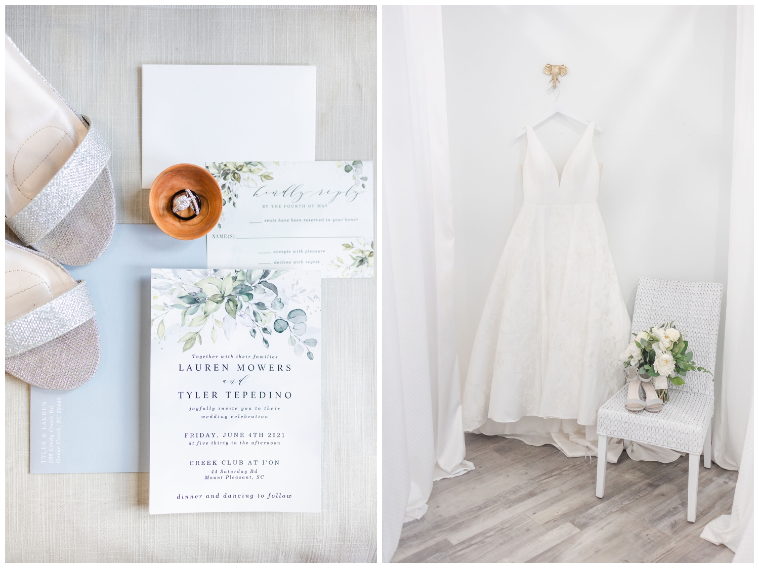 white invitation suite and wedding gown handing