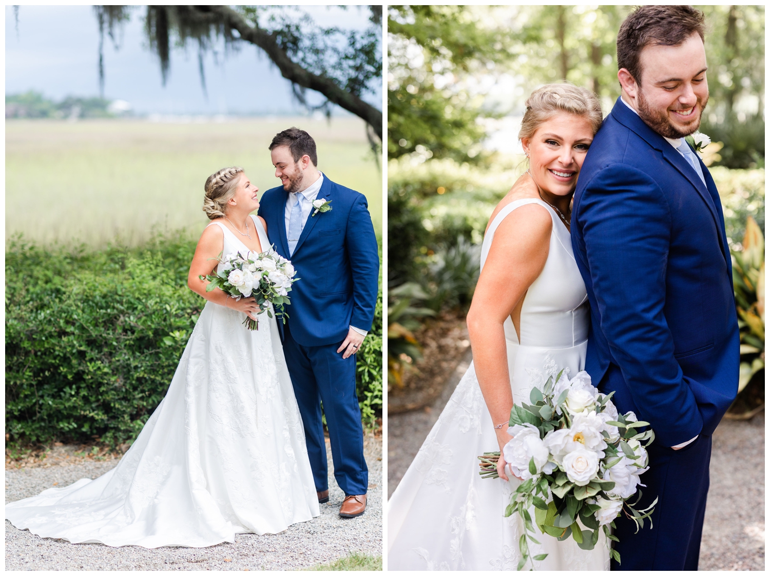 bride and groom portraits under the trees at summer Creek Club at I'on wedding