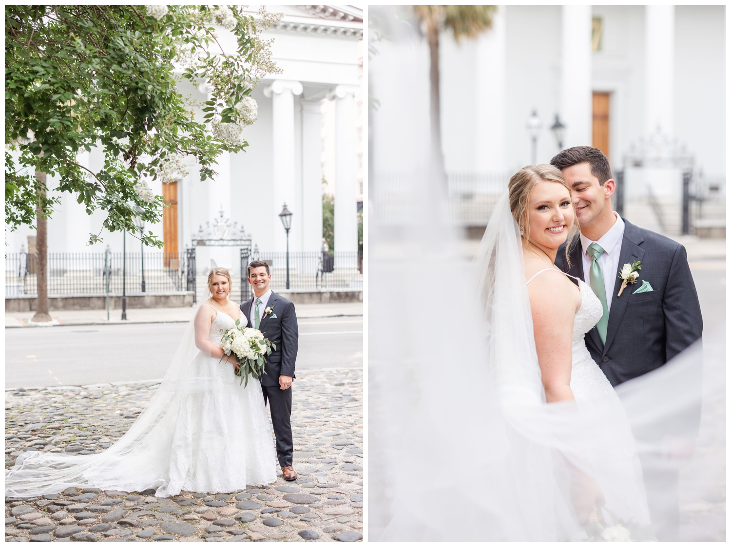 bride and groom portraits in the streets of Charleston Merchants Hall