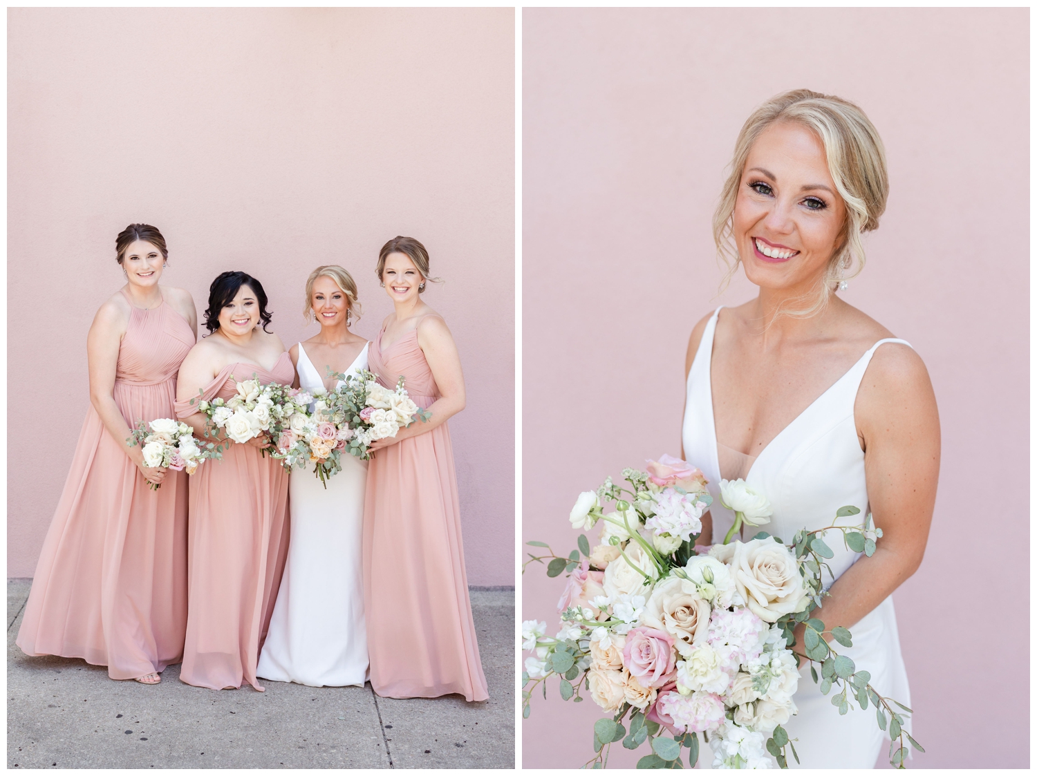 bridal portrait and bride with bridesmaids outside Mills House