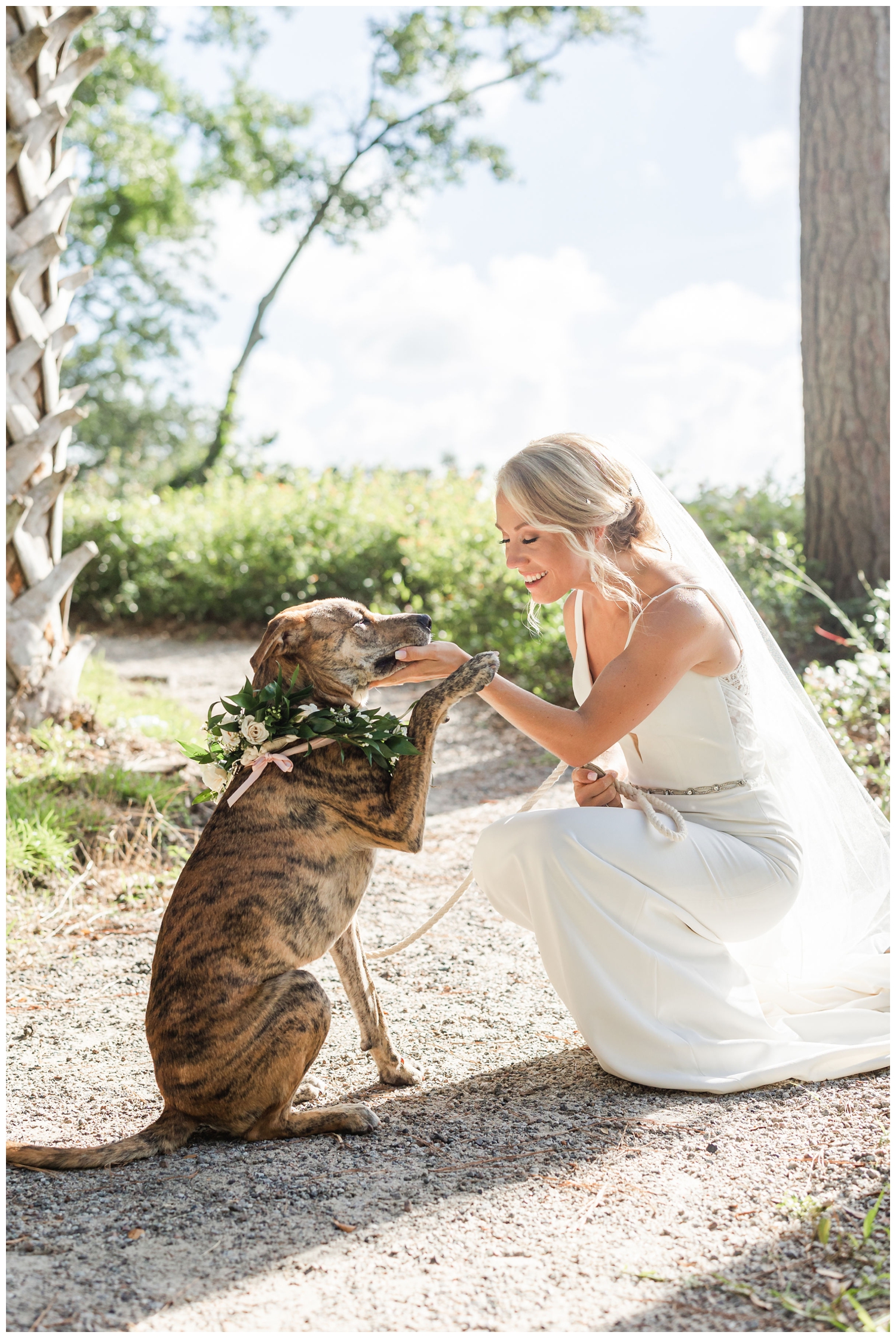 bride with dog with flower crown for southern summer wedding Charleston