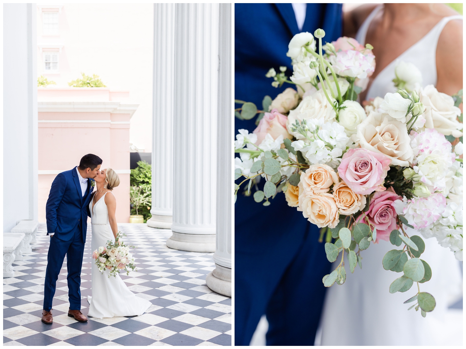 bride and groom kissing and bouquet shot Hibernian Hall southern summer wedding Charleston