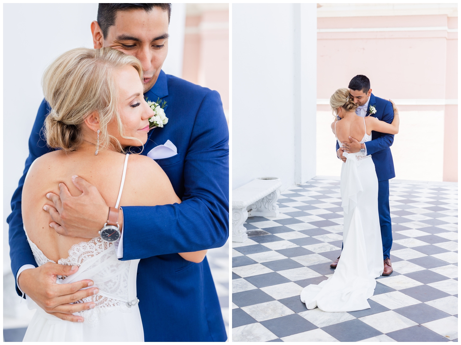 bride and groom embracing after first look at southern summer wedding Charleston
