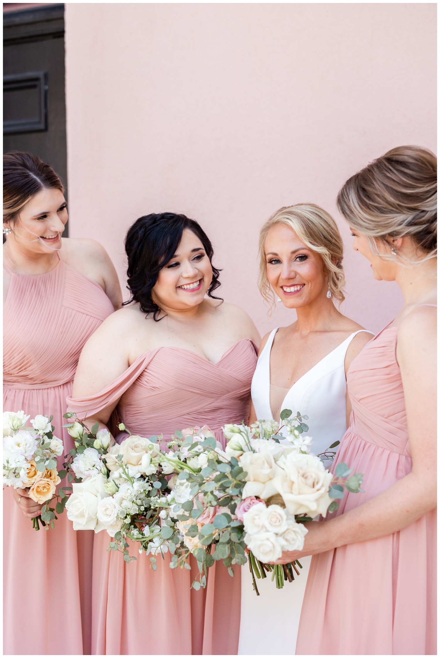 bridesmaids blush pink dresses with bride