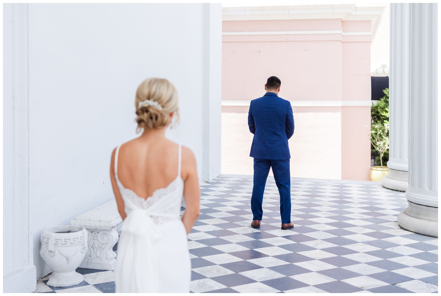 bride and groom first look for southern summer wedding Charleston