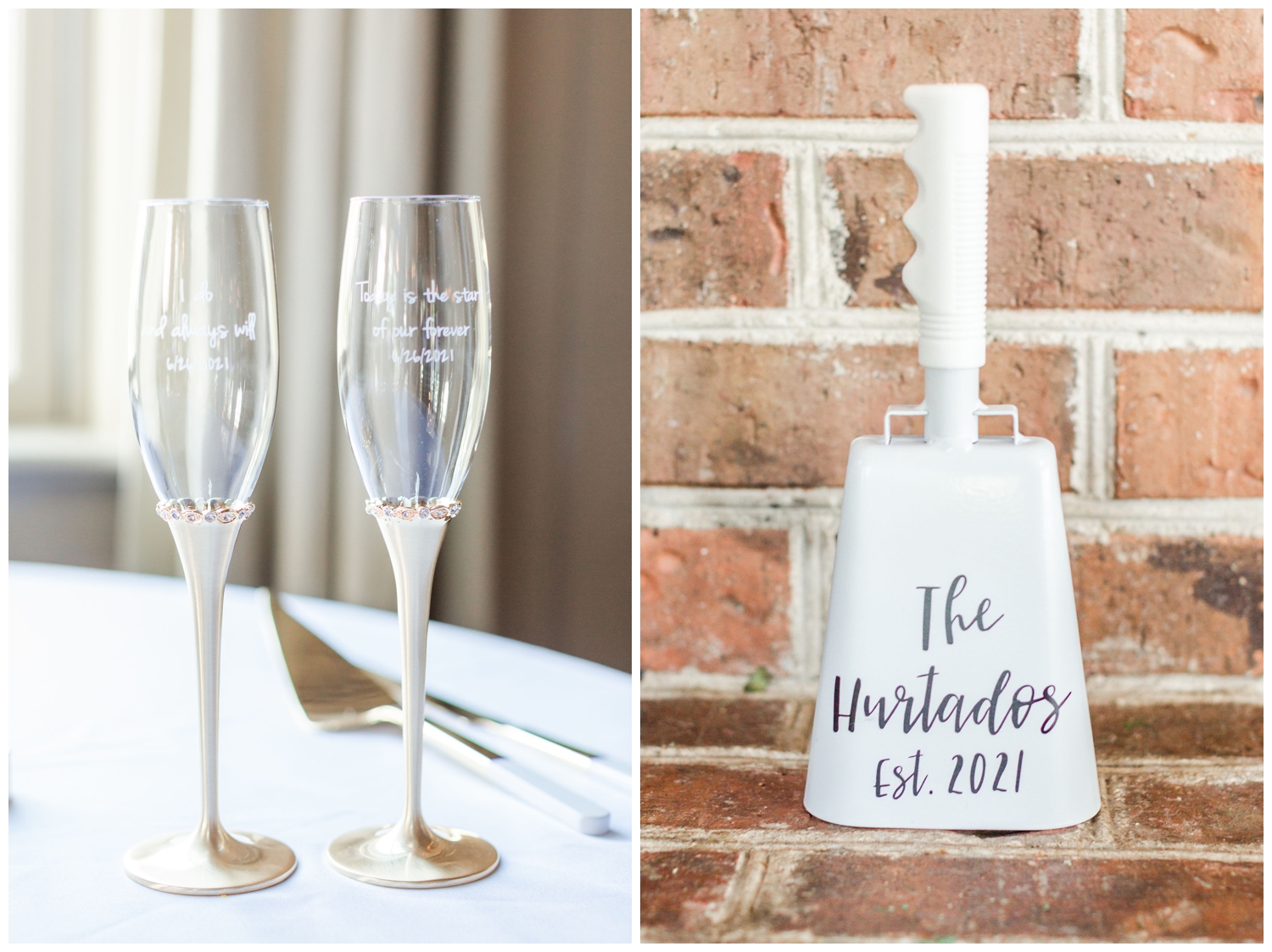 champagne flutes and wedding cow bell
