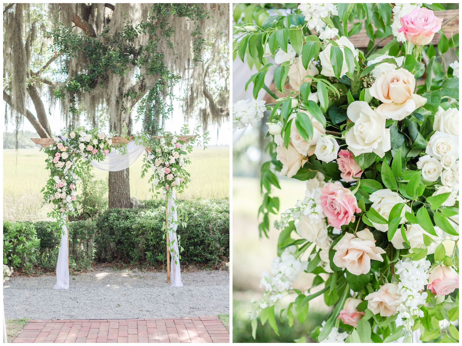 floral installation outdoors for southern summer wedding Charleston at Creek Club I'On