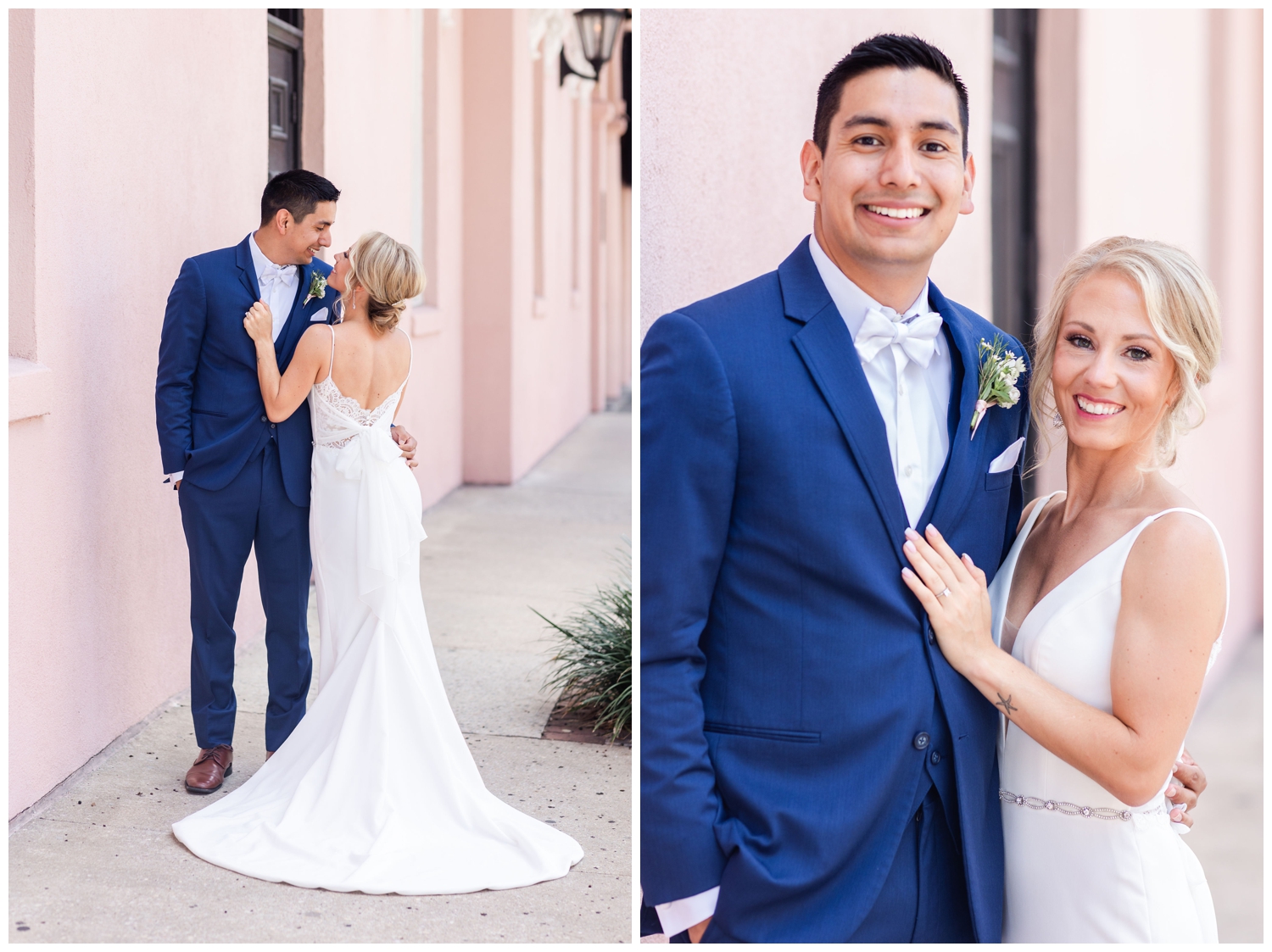 bride and groom portraits outside Mills House in Charleston for southern summer wedding