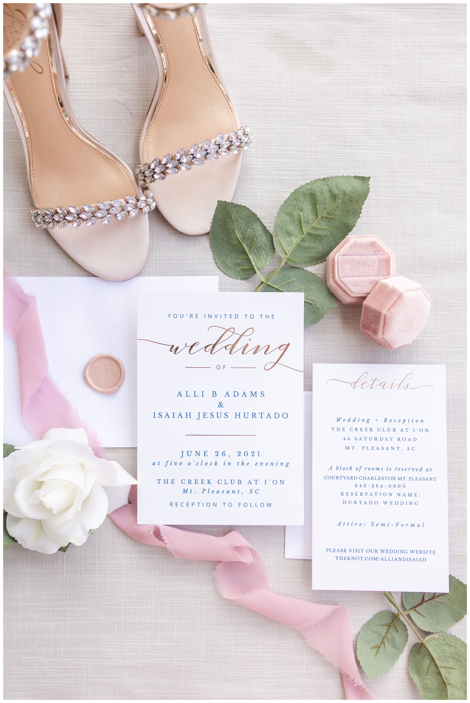 blush pink and white invitation suite plus nude heels