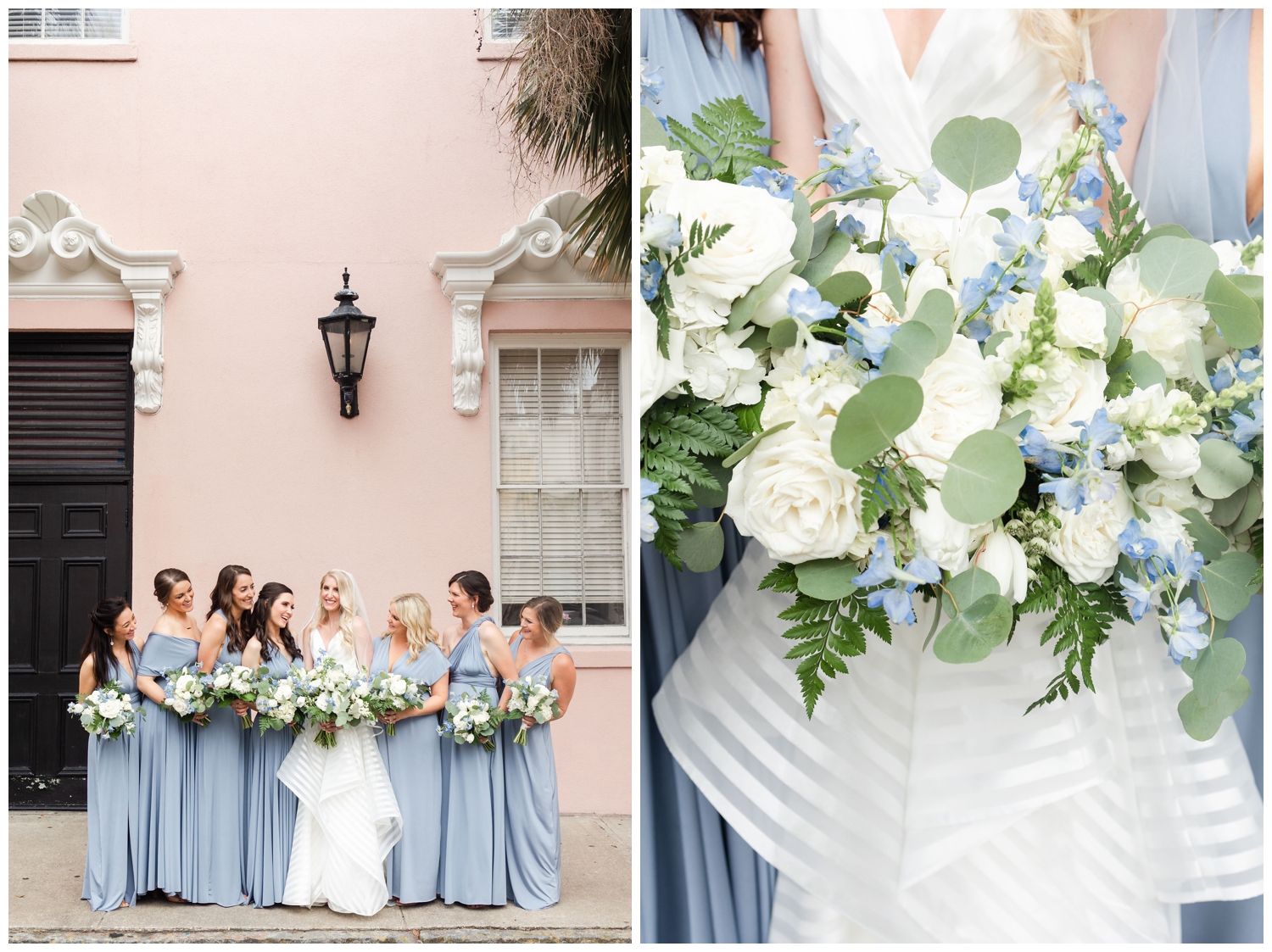 bride and bridesmaids in blue dresses in front of pink wall Cedar room wedding