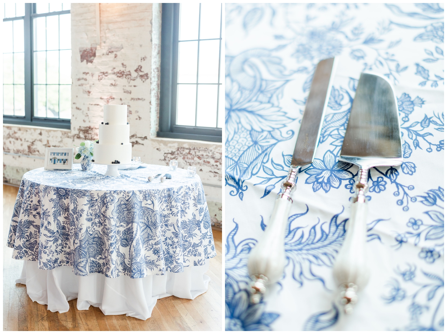 blue and white patterned table cloth with white tiered cake at luxury Cedar Room wedding