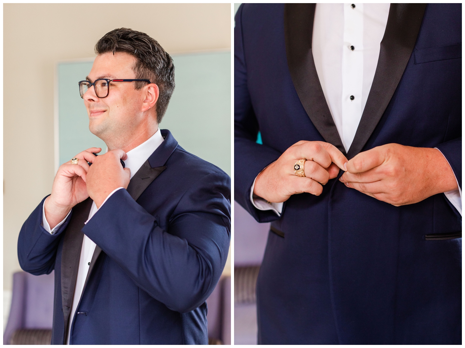 groom buttoning tux jacket